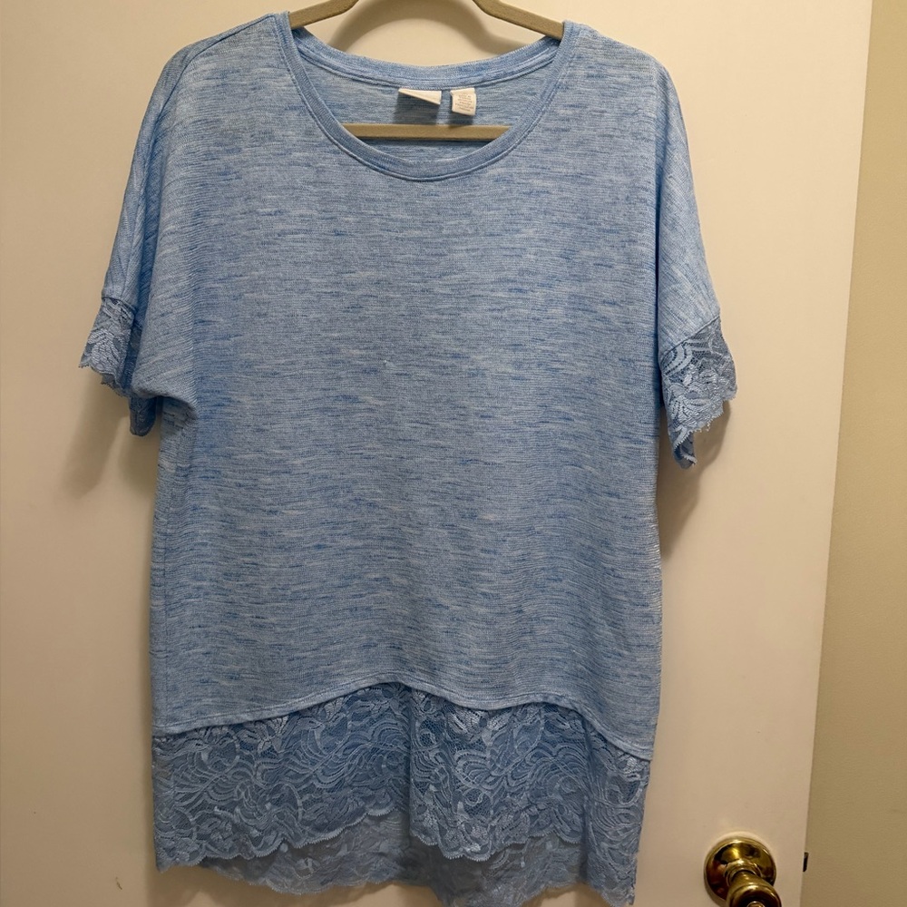Chico's Sky Blue Lace-Trim Relaxed Short Sleeve Tunic